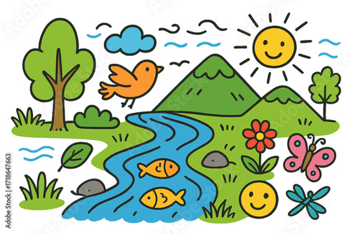 Bright Doodle River Valley. Colorful Hand-drawn doodle Children illustration River valley river, fish, mountain, flower, tree,