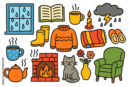 Cozy Rainy Day. Colorful Hand-drawn doodle Children illustration [rainy afternoon indoors] [raindrop window, book, mug, candle,
