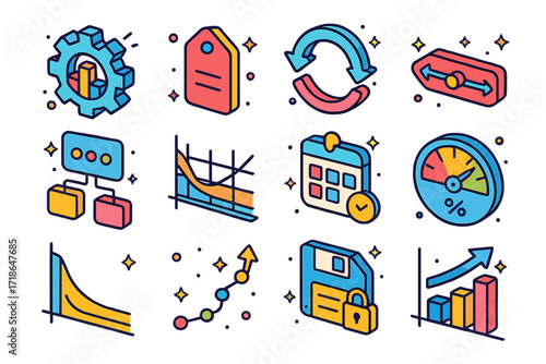 Colorful Machine Learning Icons. Colorful isometric vector icons set of Machine learning training process: data preprocessing gear