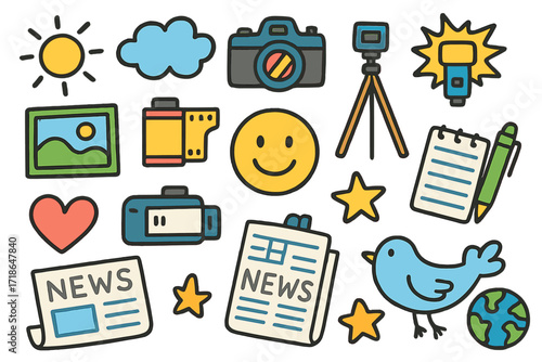 Photojournalism Doodle Icons. Colorful Hand-drawn doodle Children illustration photojournalism camera, tripod, flash, photo frame,