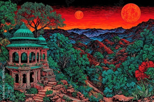 Mystical, vibrant landscape with ornate pavilion