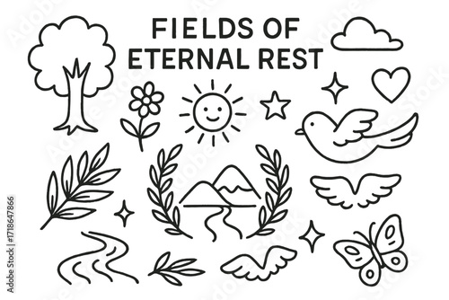 Eternal Rest Doodles. Hand-drawn doodle illustration Fields of eternal rest [tree, flower, sun, cloud, heart, star, sparkle, wing,