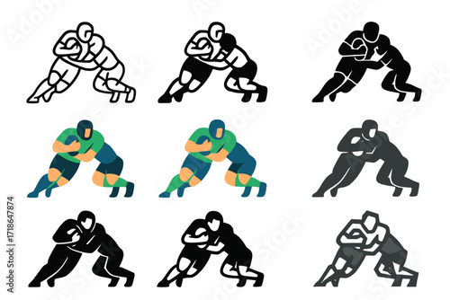 Dynamic Rugby Logos. Set Logo of Fast-Paced Sports: rugby tackle in action. Logo set in vector style, emblematic variations. line,