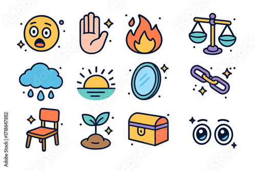 Stages of Grief Icons. Colorful isometric vector icons set of Stages of grief: shock face, denial hand, anger flame, bargaining