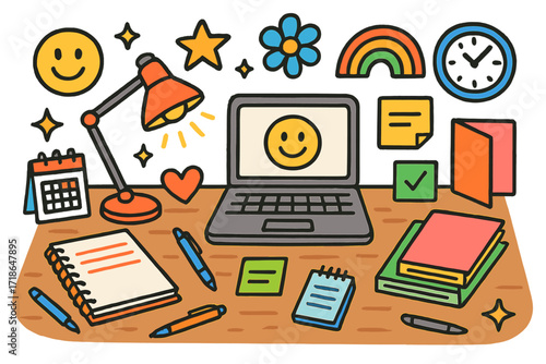 Colorful Desk Doodle. Colorful Hand-drawn doodle Children illustration Efficient Work Setup tidy desk, laptop, notebooks, sticky