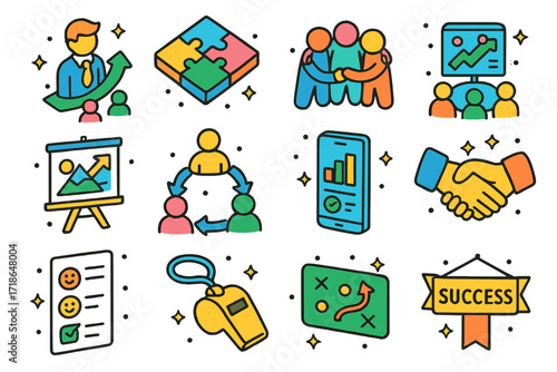 Leadership Icon Set. Colorful isometric vector icons set of leadership and team building: leader icon, team puzzle, group huddle,