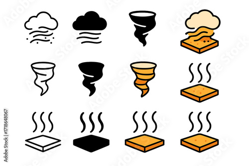 Desert Storm Icon Set. Icon Set of Desert Storms: Sandstorm, Dust Devil, Heat Haze. Icons set in vector style, emblematic
