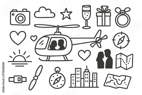 Romantic Helicopter Adventure. Hand-drawn doodle illustration romantic helicopter tour helicopter, heart symbol, champagne glass,