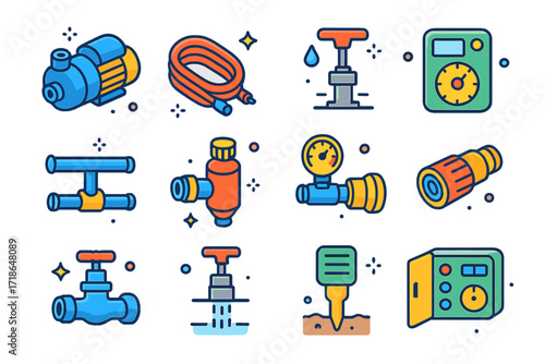Colorful Irrigation Icons Set. Colorful isometric vector icons set of irrigation system components: water pump, drip hose,