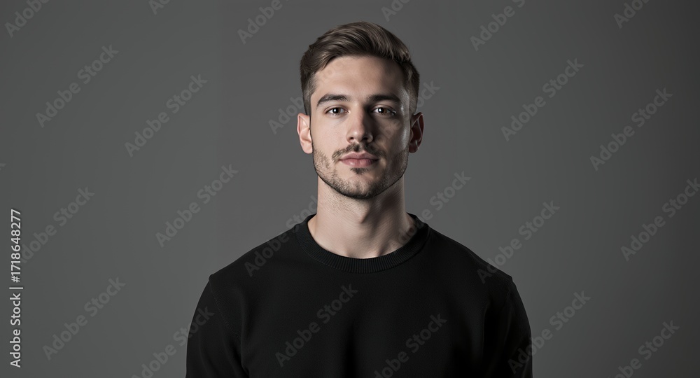 Fototapeta premium Studio Portrait of a Young Man with Short Hair Wearing a Black Sweatshirt