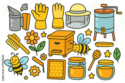 Beekeeping Doodle Icons. Beekeeping tools. Colorful Hand-drawn doodle Children illustration smoker tool, gloves, beekeeper hat,