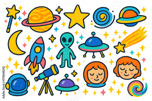 Galactic Kids' Doodles. Colorful Hand-drawn doodle Children illustration Galaxy magic planet, ringed star, spiral galaxy, comet