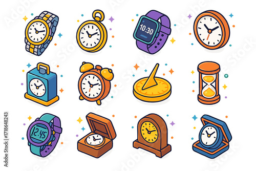 Colorful Timepiece Icons. Timepieces for gifting. Colorful isometric vector icons set of timepieces for gifting: luxury wristwatch