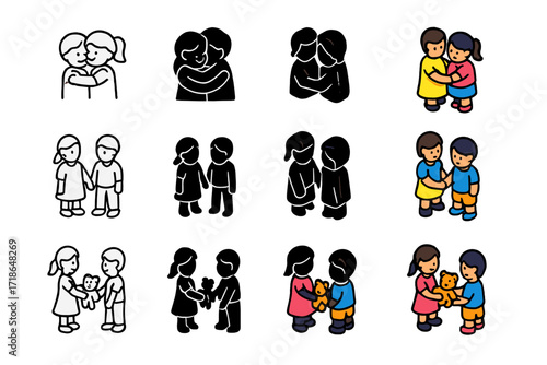 Sibling Love Icons. Icon Set of Sibling love moments: siblings hugging, holding hands, sharing toys. Icons set in vector style,