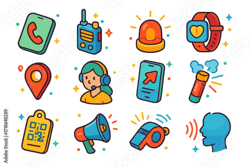 Emergency Communication Icons. Colorful isometric vector icons set of medical emergency communication: 911 phone icon,
