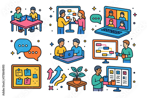 Office Collaboration Icons. Colorful isometric vector icons set of office collaboration scenes: coworking desks, shared whiteboard