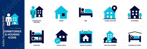 Dormitories & Housing Blue Colored Outline Icon Set