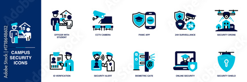Campus Security Blue Colored Outline Icon Set
