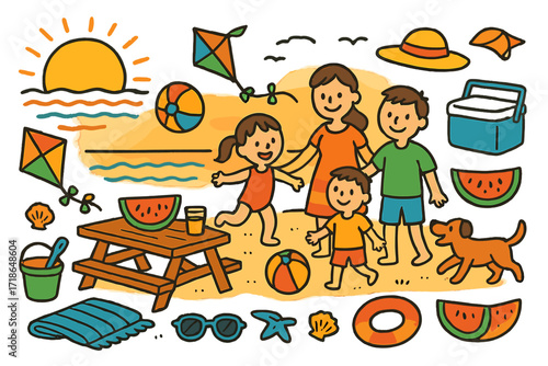 Sunset Family Beach Fun. Colorful Hand-drawn doodle Children illustration [Family beach day at sunset] [sunset, beach ball, child