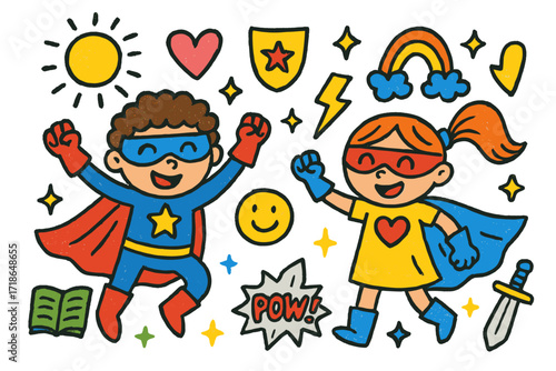 Superhero Kids Doodle. Colorful Hand-drawn doodle Children illustration Superhero Duo Cosplay capes, masks, gloves, boots, star,