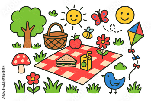 Colorful Picnic Doodle Scene. Colorful Hand-drawn doodle Children illustration Meadow picnic picnic blanket, basket, fruit,