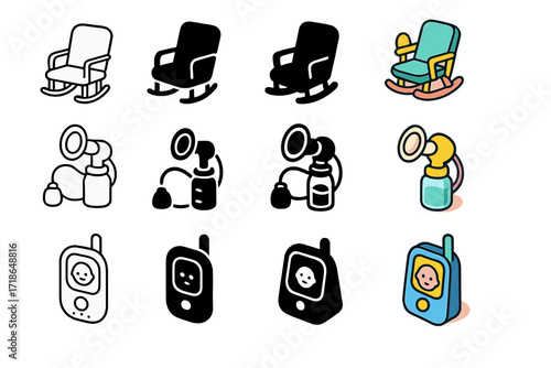 Postpartum Care Icons. Icon Set of Postpartum Care: Nursing chair, Breast pump, Baby monitor. Icons set in vector style,