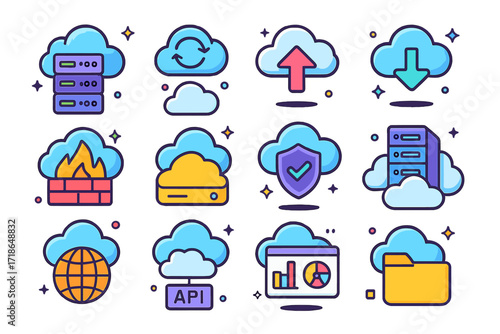 Colorful Cloud Computing Icons. Colorful isometric vector icons set of cloud computing: cloud server, data sync, upload symbol,