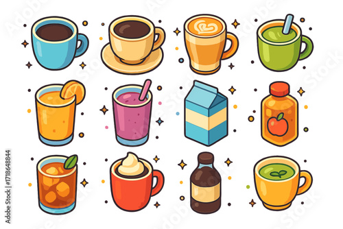 Colorful Beverage Icons. Colorful isometric vector icons set of breakfast beverages: black coffee, cappuccino, latte with art,