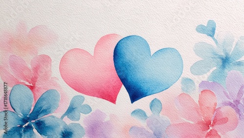 Watercolor hearts and flowers.  Soft, pastel colors