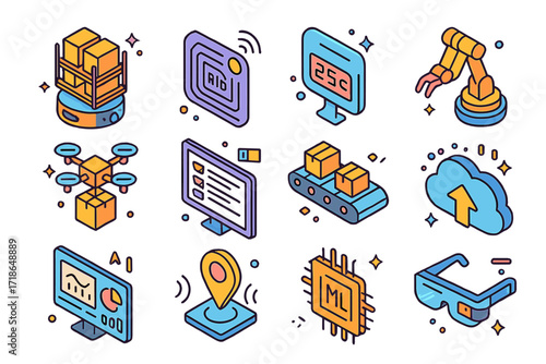 Smart Warehouse Icons. Colorful isometric vector icons set of stylish Bluetooth speaker designs: retro speaker, neon glow speaker,
