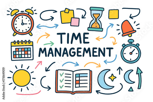 Time Management Doodles. Time Management. Colorful Hand-drawn doodle Children illustration Time Management clock, calendar,