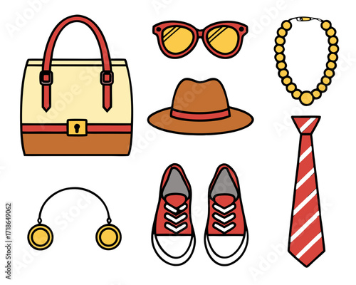 Colorful vector illustration of fashion accessories including bag, shoes, sunglasses, hat and necklace