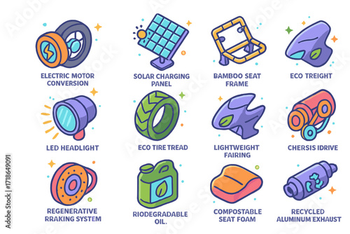 Eco Motorcycle Mods Icons. Colorful isometric vector icons set of eco-conscious motorcycle modifications: electric motor