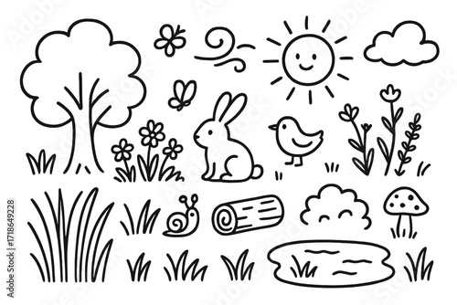 Peaceful Meadow Icons. Hand-drawn doodle illustration peaceful meadow scene tree, flower patch, rabbit, grass blade, bird, sun,