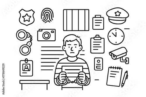 Cartoon Booking Doodles. Hand-drawn doodle illustration suspect being booked handcuffs, mugshot board, police badge, fingerprint,
