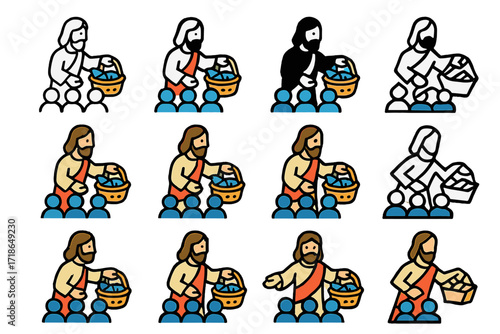 Miracles Logo Collection. Set Logo of Jesus' Miracles: Feeding multitudes with baskets. Logo set in vector style, emblematic