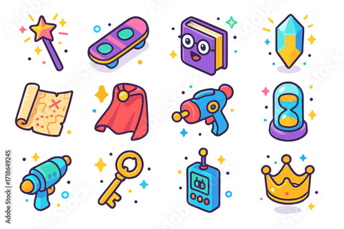 Colorful Icon Set. Colorful isometric vector icons set of iconic animated props: magic wand, flying skateboard, talking book,