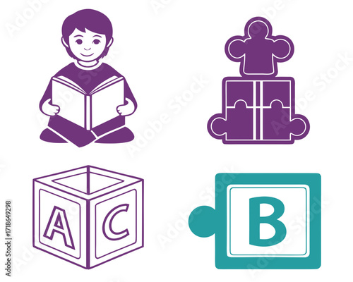 Vector education icons with student, books, puzzle and alphabet blocks