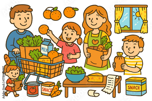 Family Grocery Shopping. Colorful Hand-drawn doodle Children illustration Family grocery day shopping cart, paper bags, oranges,