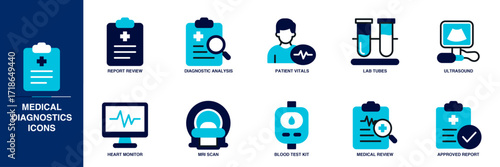 Medical Diagnostics Blue Colored Outline Icon Set