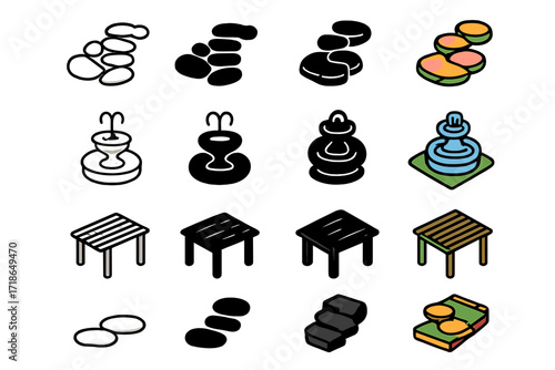 Nature Icon Set. Icon Set of Nature-inspired flow: stone pathway, water fountain, wooden pergola. Icons set in vector style, emblematic variations. Stone