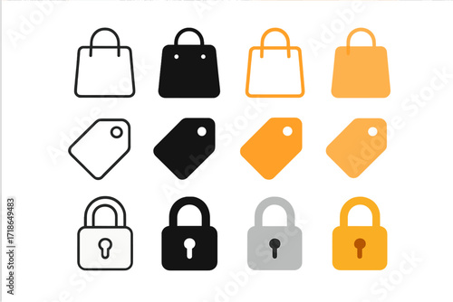 Icon Variations Grid. Three rows: each row shows one object in variations. All icons equally spaced in a ? grid ( per row). Uniform icon size. No text.