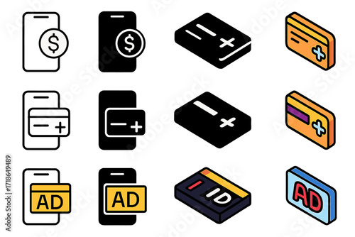 App Monetization Icons. Icon Set of App Monetization: In-app purchase, Subscription card, Ad banner. Icons set in vector style, emblematic variations. In-app