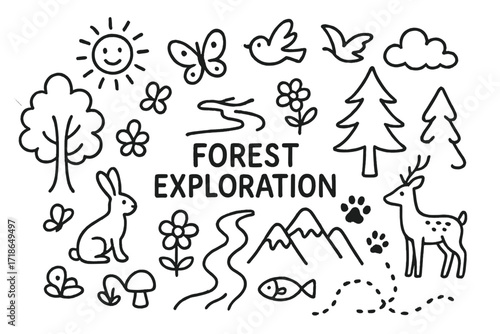Forest Adventure Icons. Forest Exploration. Hand-drawn doodle illustration forest exploration tree, river, mountain, deer, bird, rabbit, butterfly, mushroom,