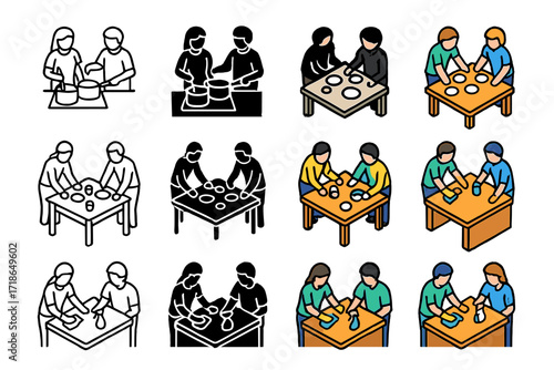 Household Teamwork Icons. Icon Set of Household teamwork: cooking dinner, setting the table, cleaning counters. Icons set in vector style, emblematic