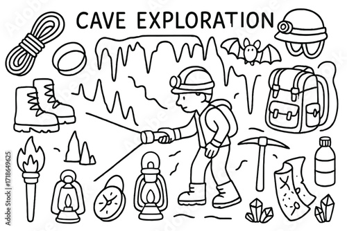 Cave Exploration Icons. Cave exploration. Hand-drawn doodle illustration exploring a dark cave with flashlight, lantern, helmet,