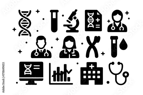 Genetic Testing Icons. Genetic testing in healthcare. Solid icons set of genetic testing in healthcare: DNA helix, test tube, microscope, medical report,