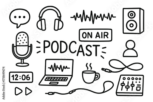 Podcast Recording Essentials. Hand-drawn doodle illustration Podcast recording session microphone, headphones, podcast logo,