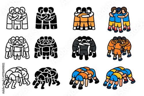 Sports Celebration Icons. Icon Set of Sports team celebration: soccer team hug, basketball team huddle, rugby scrum. Icons set in vector style, emblematic
