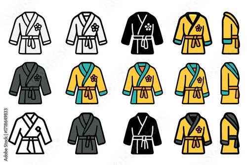 Spa Robe Logos. Set Logo of Spa Robes: Spa robe with flower embroidery. Logo set in vector style, emblematic variations. line, bold thick line, solid black